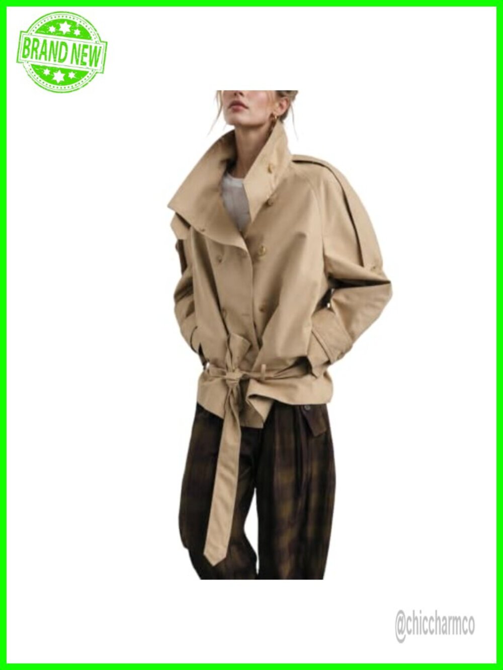 Cropped Trench Coat Double Breasted High Neck Short Jacket